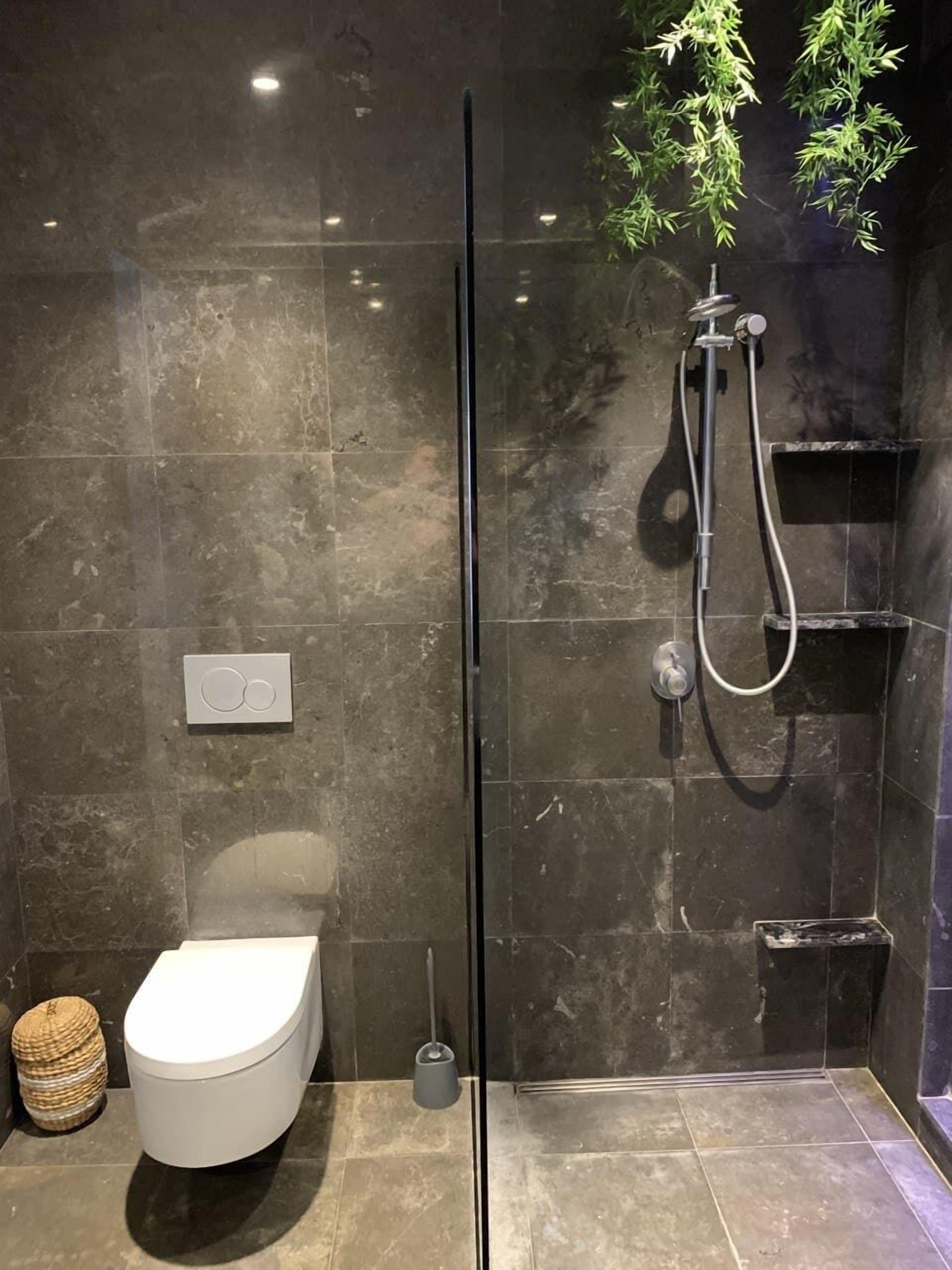 A modern bathroom with a glass shower enclosure, a toilet, and a bidet.