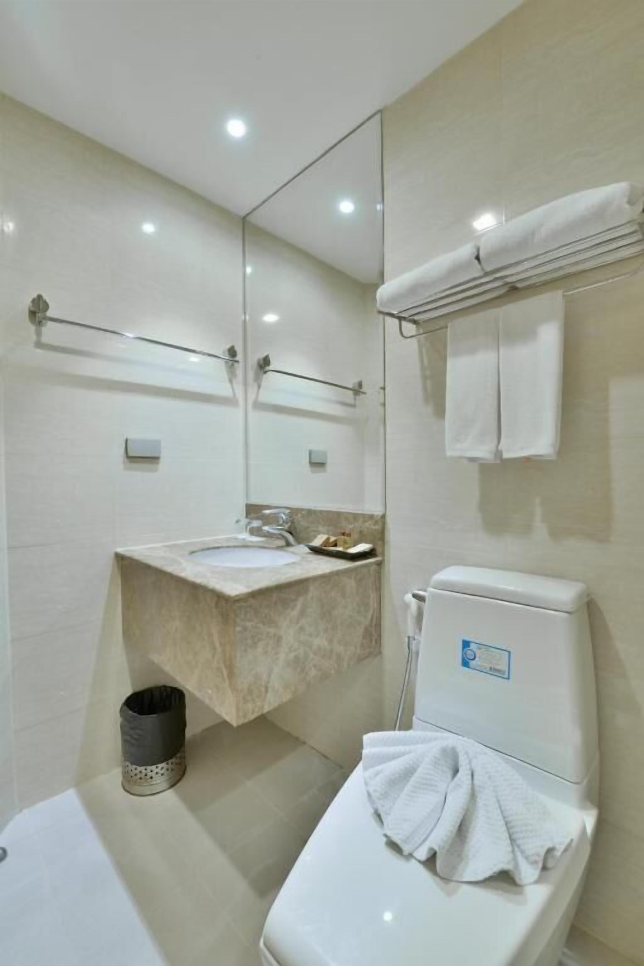 A modern bathroom with a sink, mirror, toilet, and towel rack.
