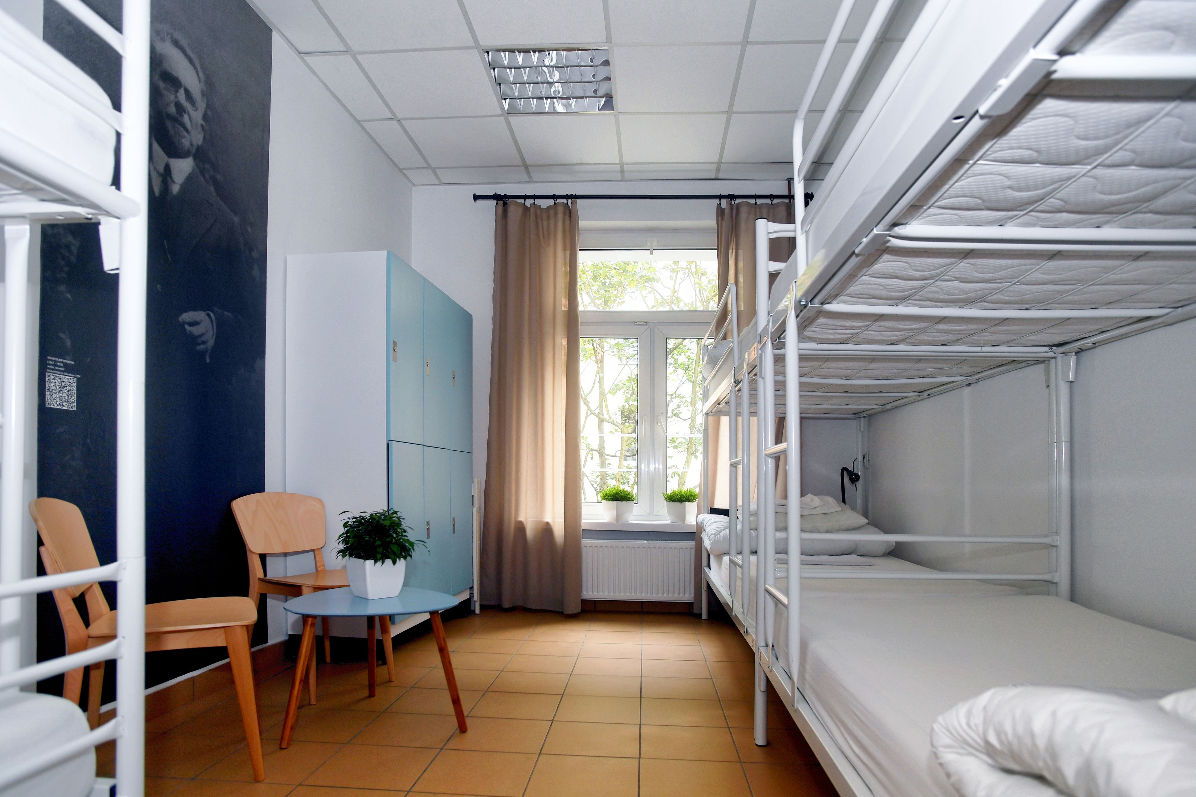A dormitory room with bunk beds, a small table with chairs, a potted plant, and a window with curtains.