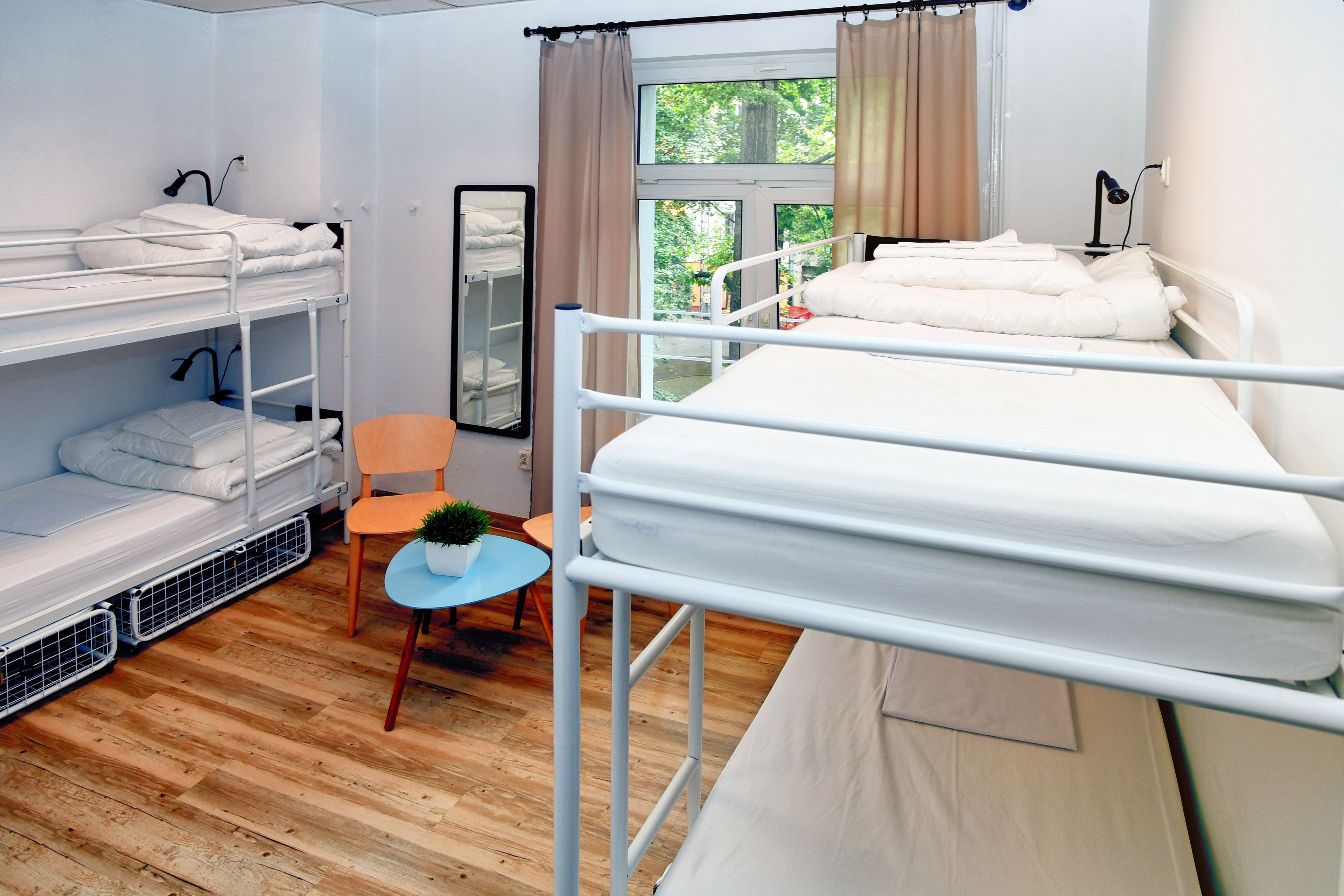 Un dormitorio con literas, una mesita con una planta, una silla y una ventana con cortinas.