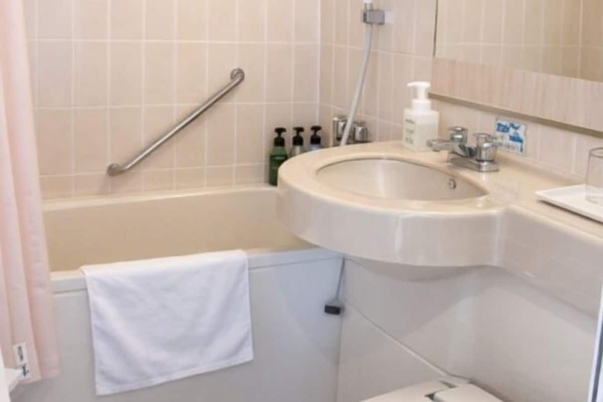 Combined shower/tub, free toiletries, hair dryer, slippers