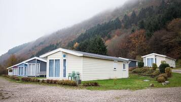 A row of single-story cabins with a gravel driveway, set against a backdrop of a forested mountain.