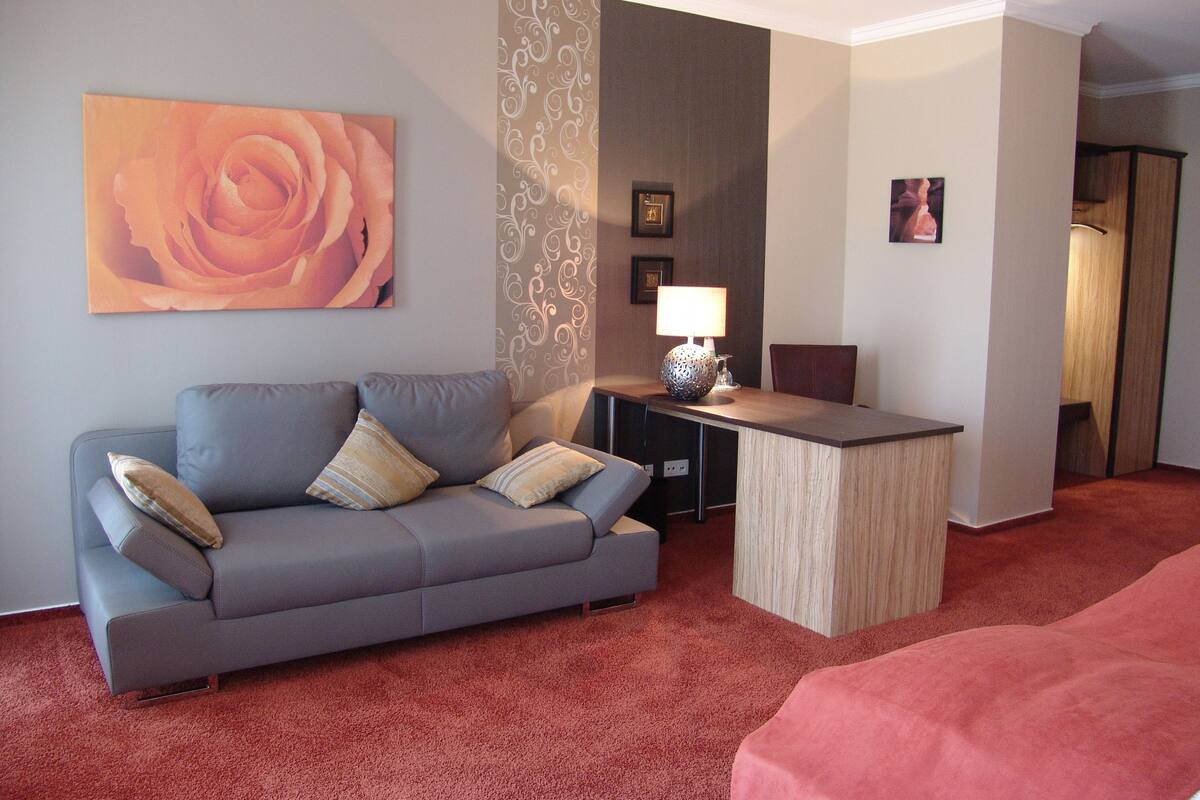 panoramic double room, river view | in-room safe, desk, rollaway beds, bed sheets