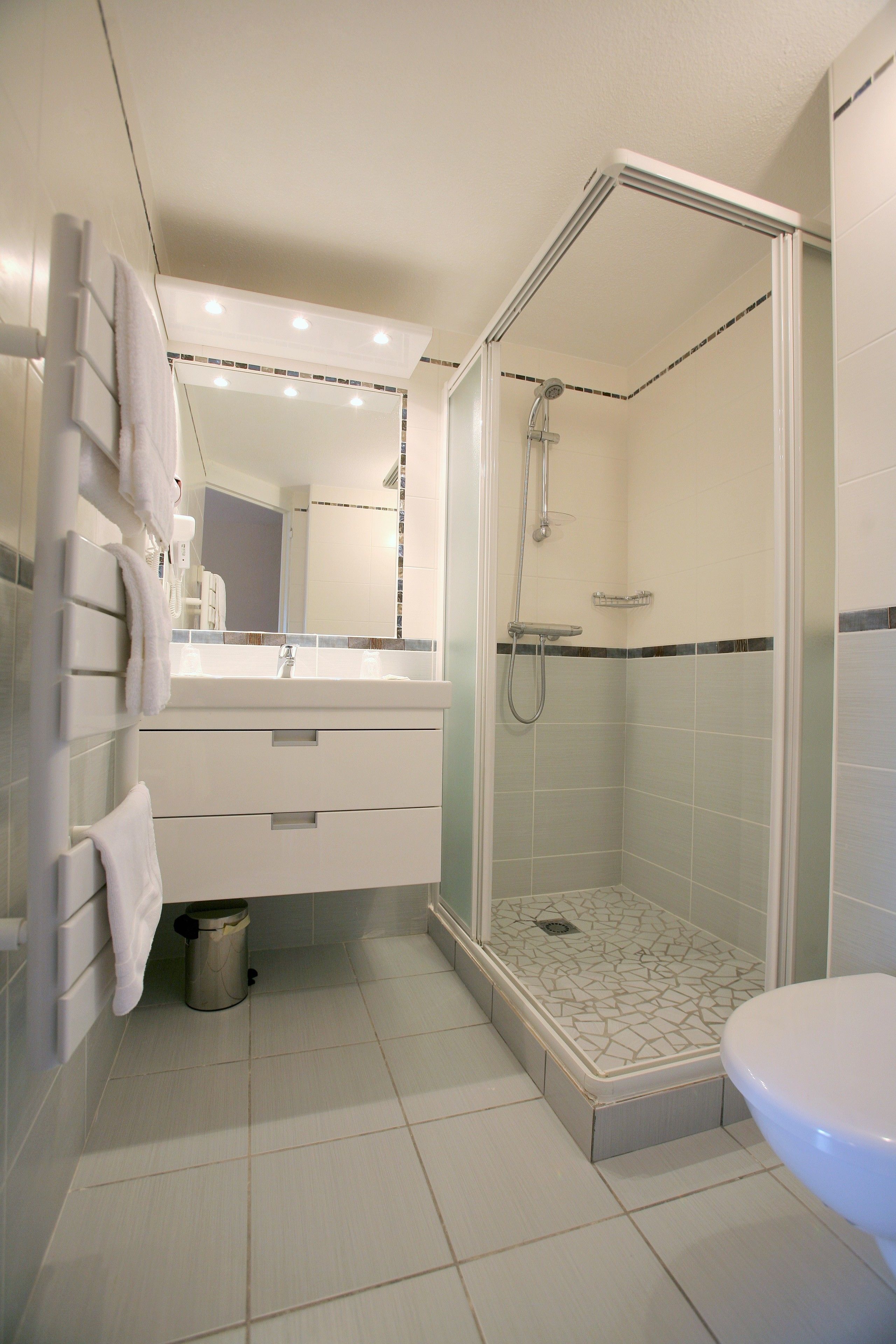 shower, free toiletries, hair dryer, towels