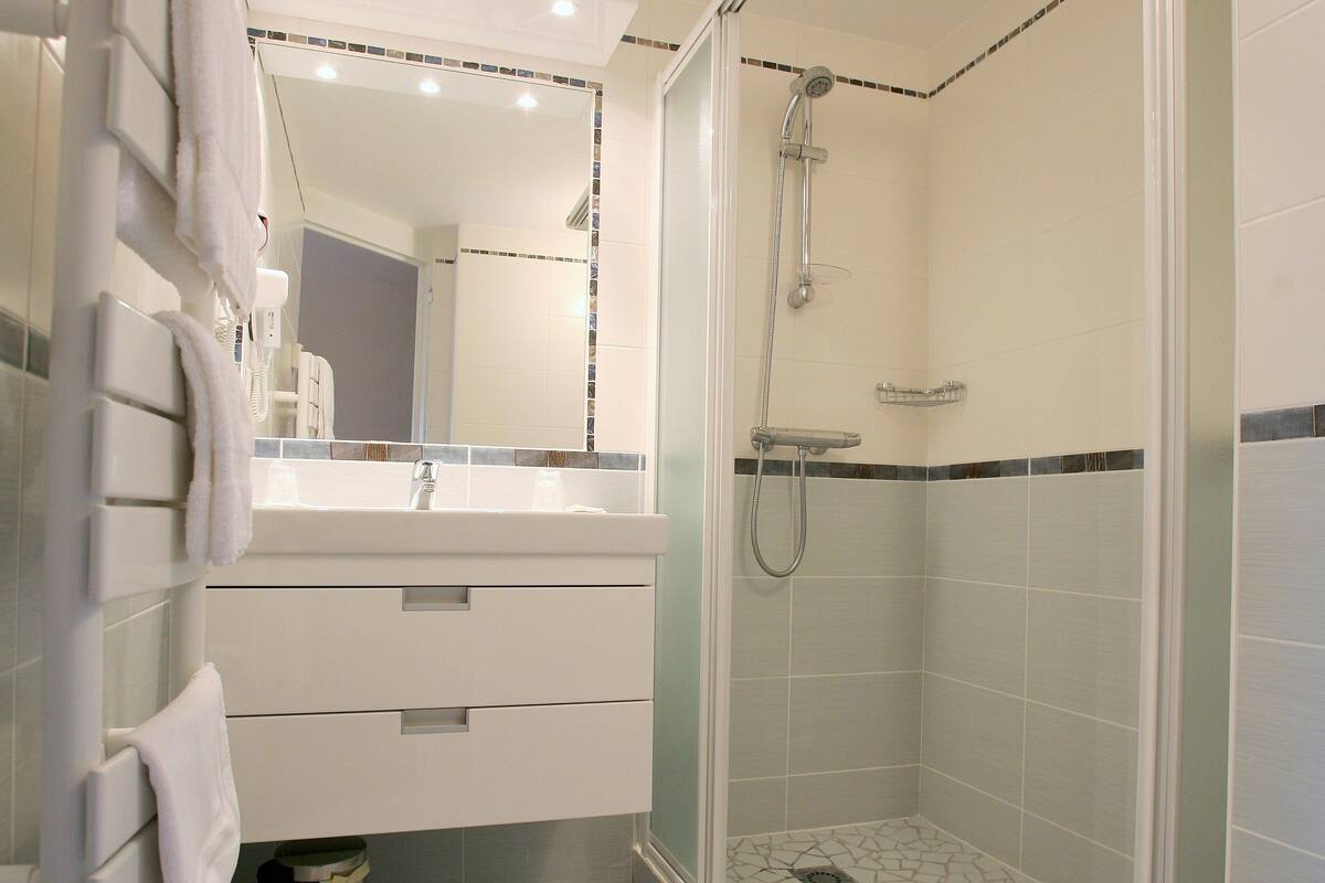 shower, free toiletries, hair dryer, towels