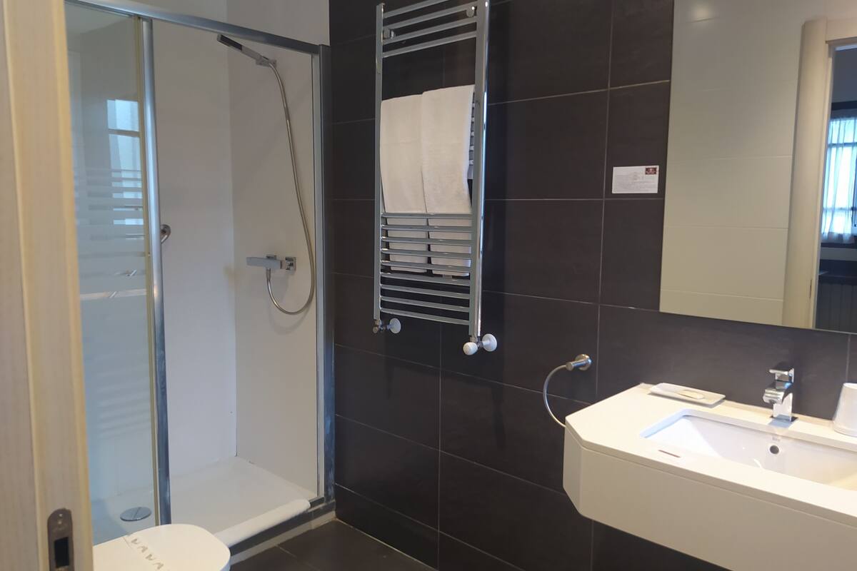 standard double room | bathroom | shower, free toiletries, hair dryer, towels