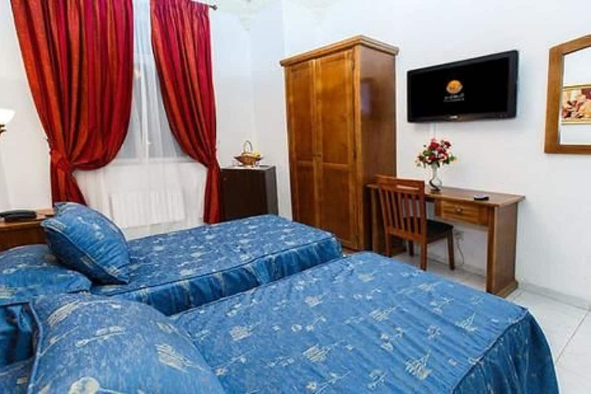A bedroom with a bed, a desk, a chair, a television, and a wardrobe.