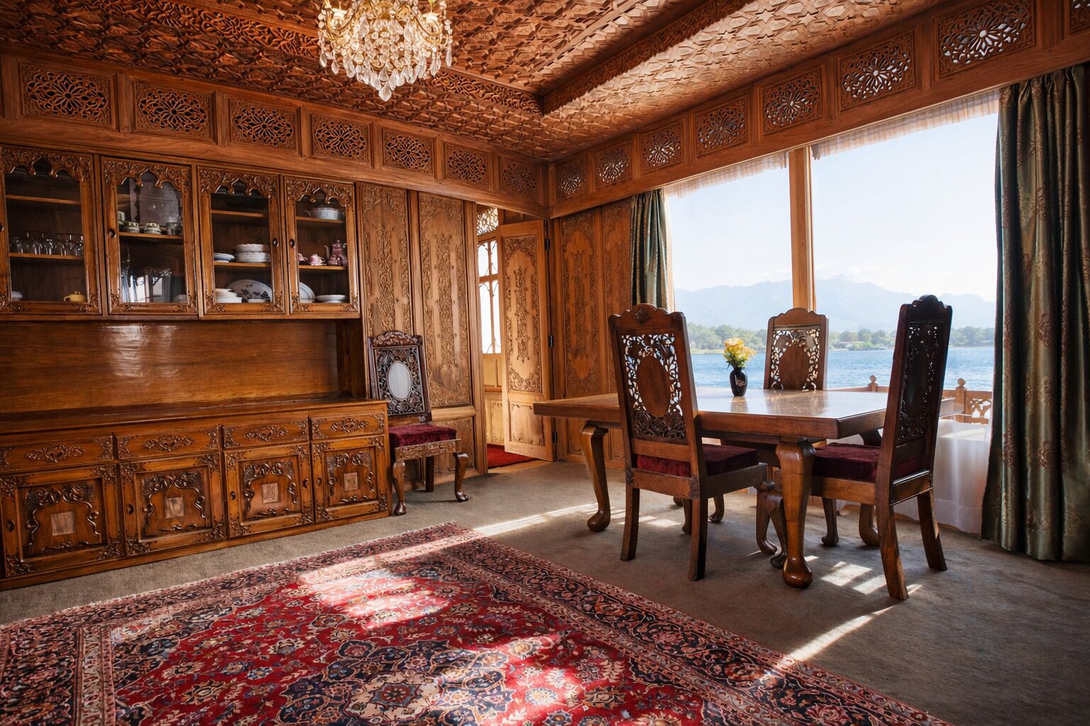 A traditional wooden room with a dining table and chairs, a large ornate cabinet, and a view of a lake.
