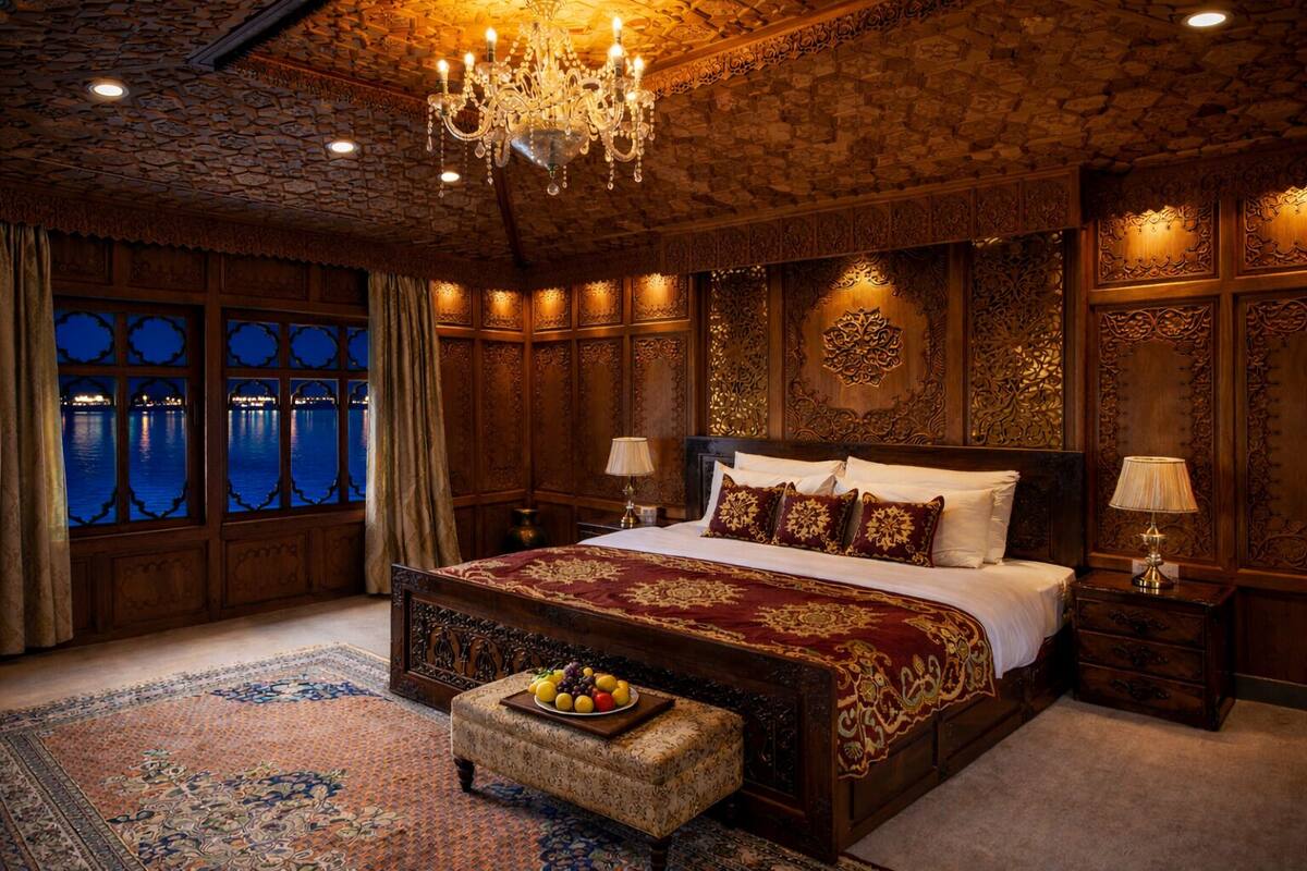 A luxurious bedroom with a large bed, ornate wooden paneling, a chandelier, and a view of the water outside.