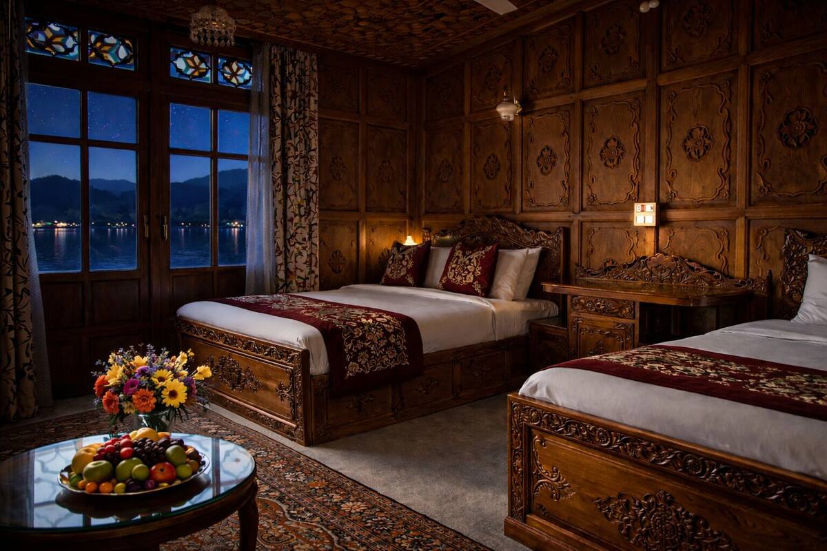 A room with two wooden beds, a nightstand, a glass table with fruit, and a view of the water outside.