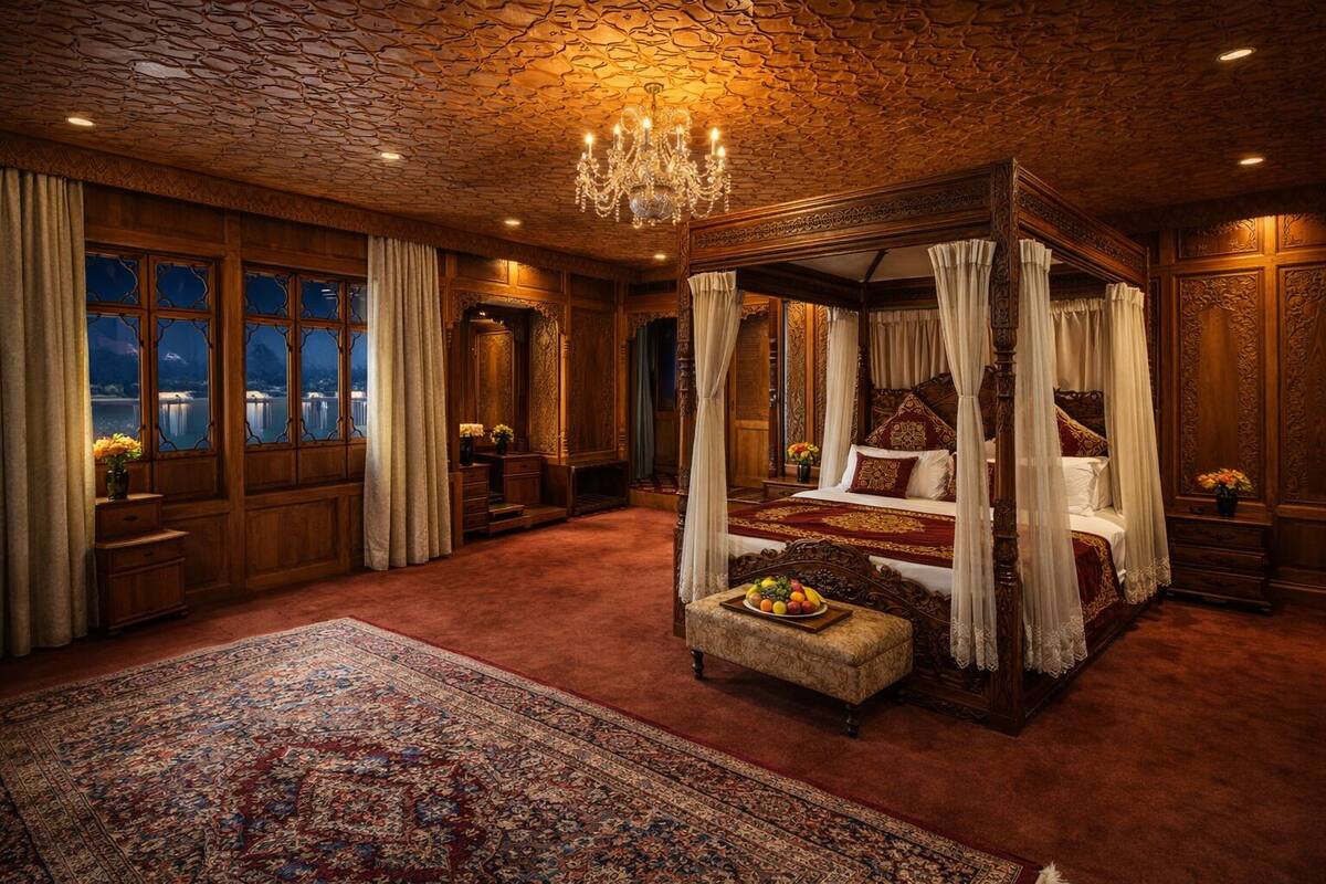 A luxurious bedroom with a four-poster bed, ornate wooden paneling, a large window with a view, and a chandelier.