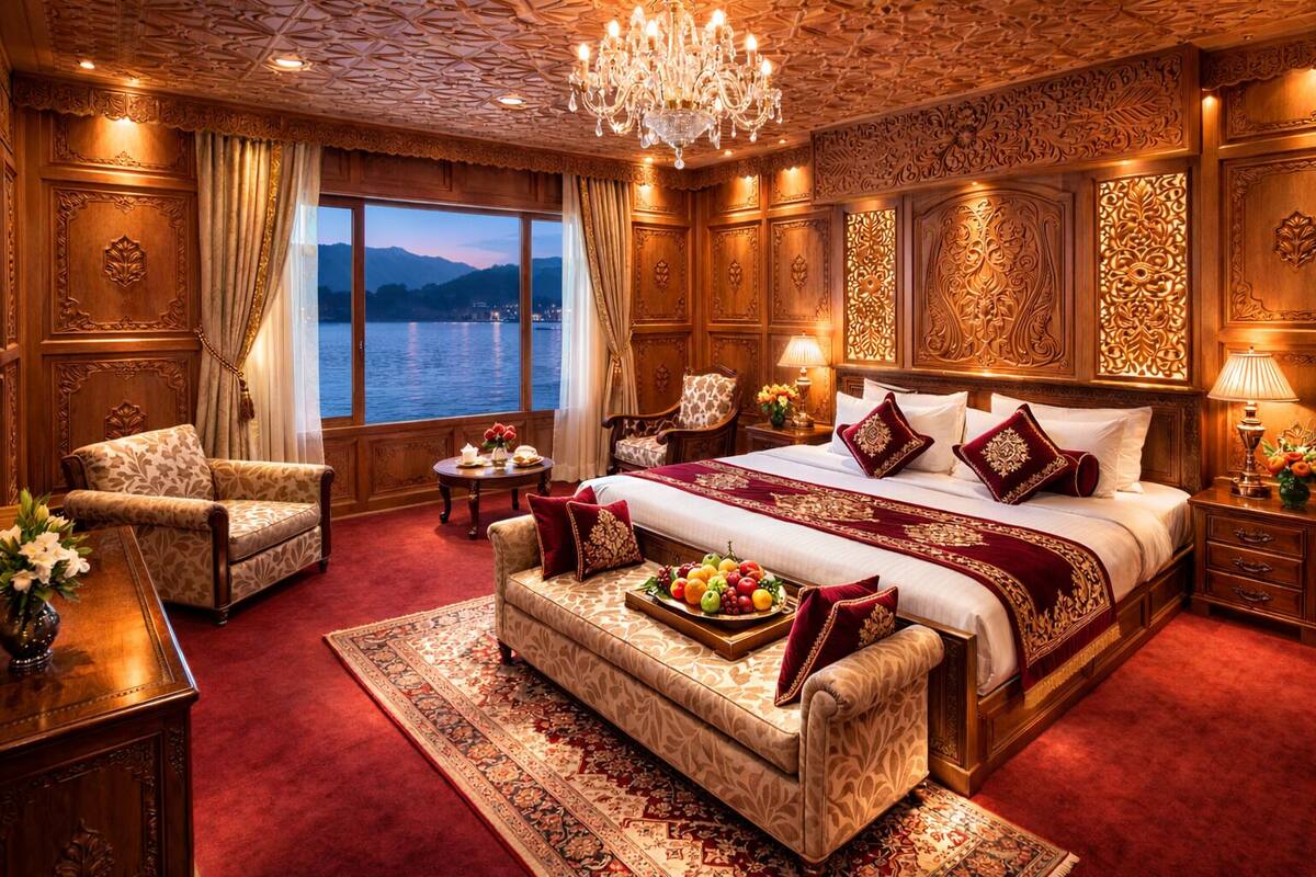 A luxurious bedroom with a large bed, ornate wood paneling, a chandelier, and a view of a lake.
