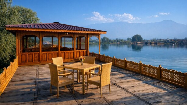 A wooden deck with wicker furniture overlooking a lake, a covered seating area, and distant mountains. - Mascot Houseboats (Srinagar)