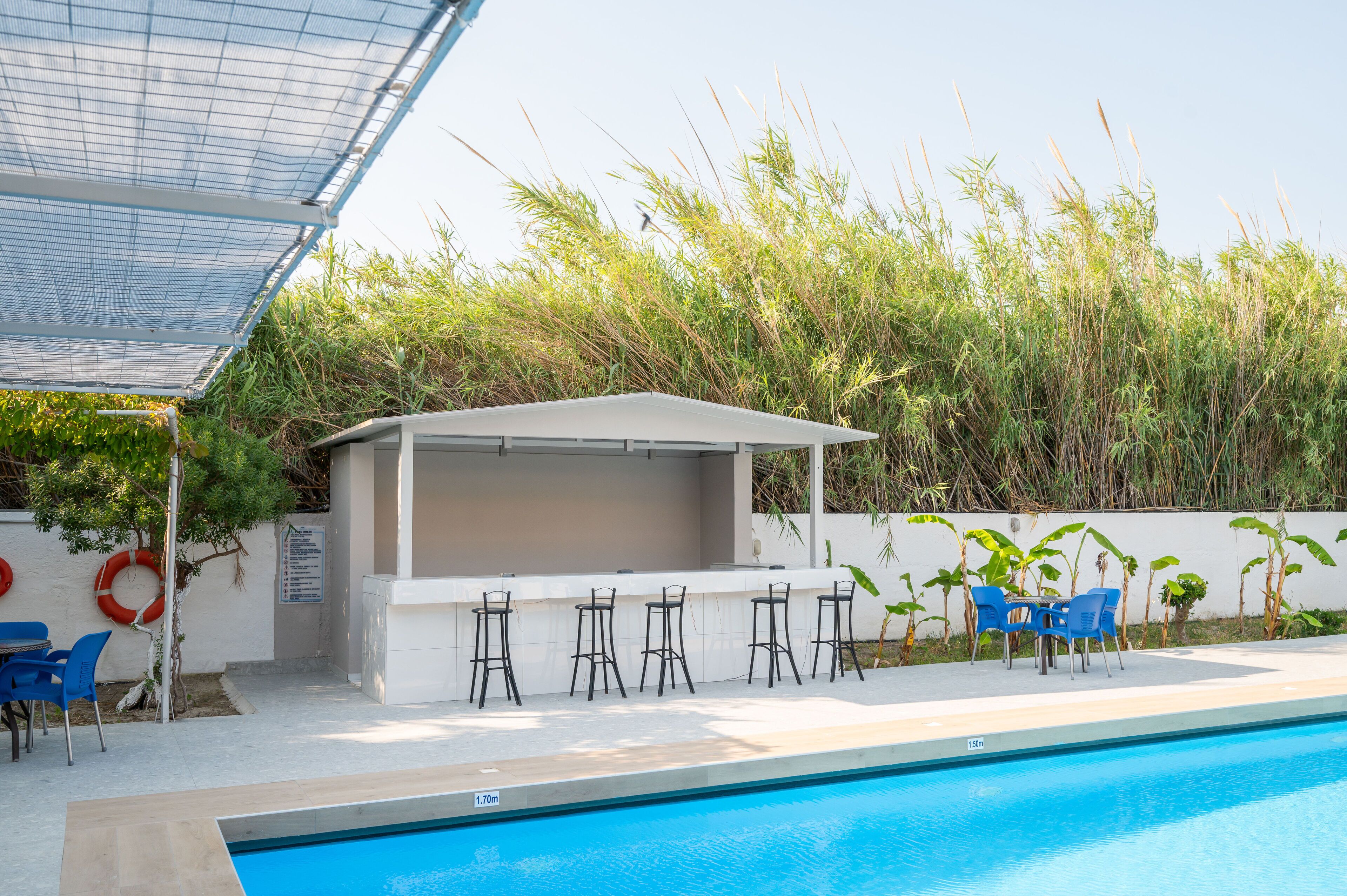outdoor pool, pool umbrellas, pool loungers