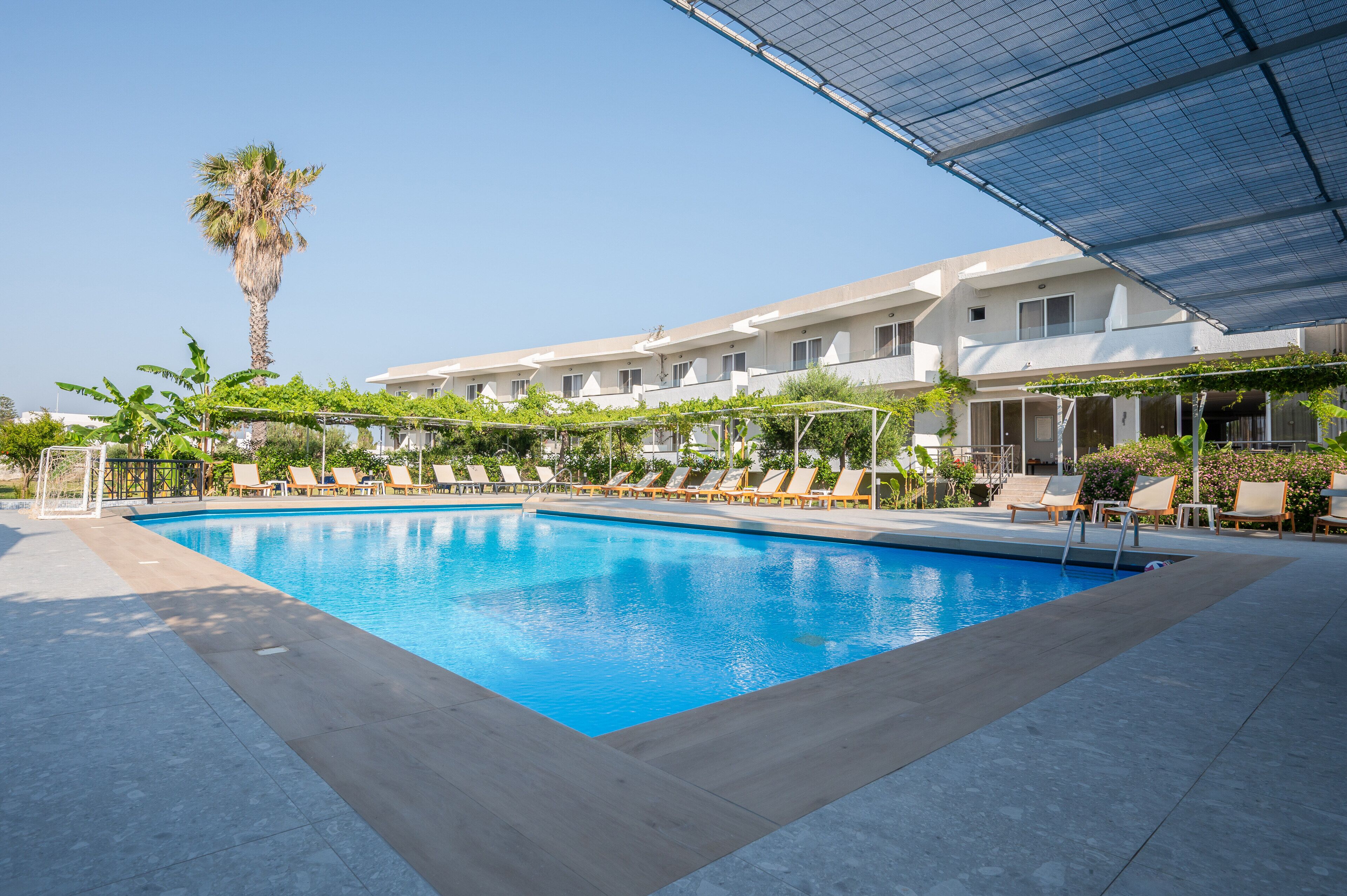 Outdoor pool, pool umbrellas, pool loungers