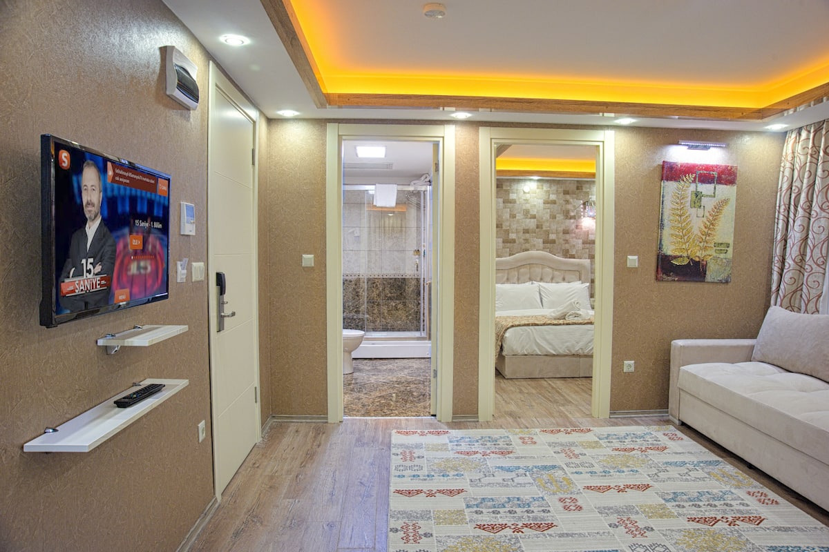 A hotel room with a television, a bed, a sofa, and a bathroom visible through an open door.