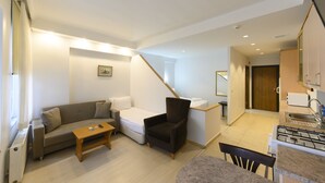 Un espace de vie compact comprenant un canapé, un fauteuil et une petite table à manger. On aperçoit une kitchenette équipée d’une cuisinière et d’un évier.