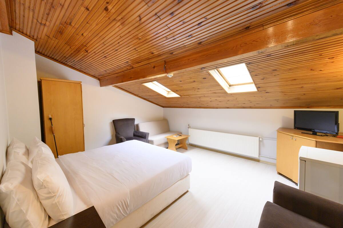 A bedroom with a wooden ceiling, a bed, a chair, a small table, and a TV.