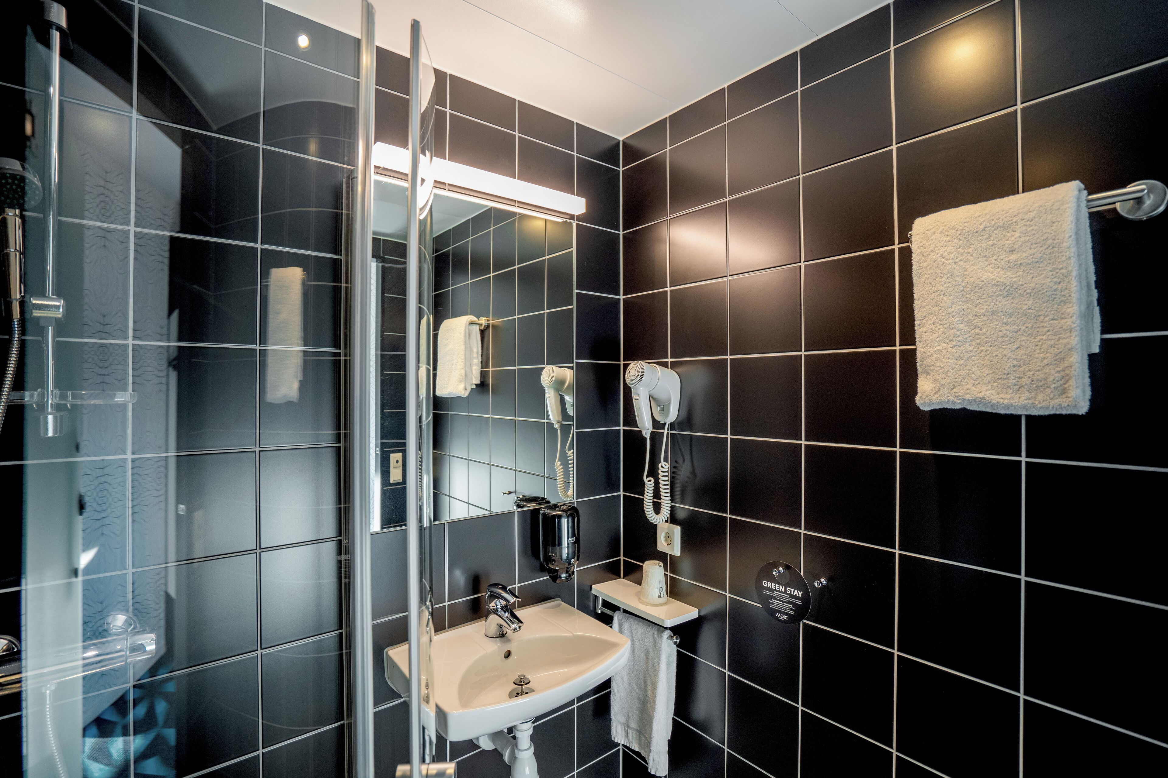A modern bathroom with a glass shower enclosure, a sink, and a towel rack.