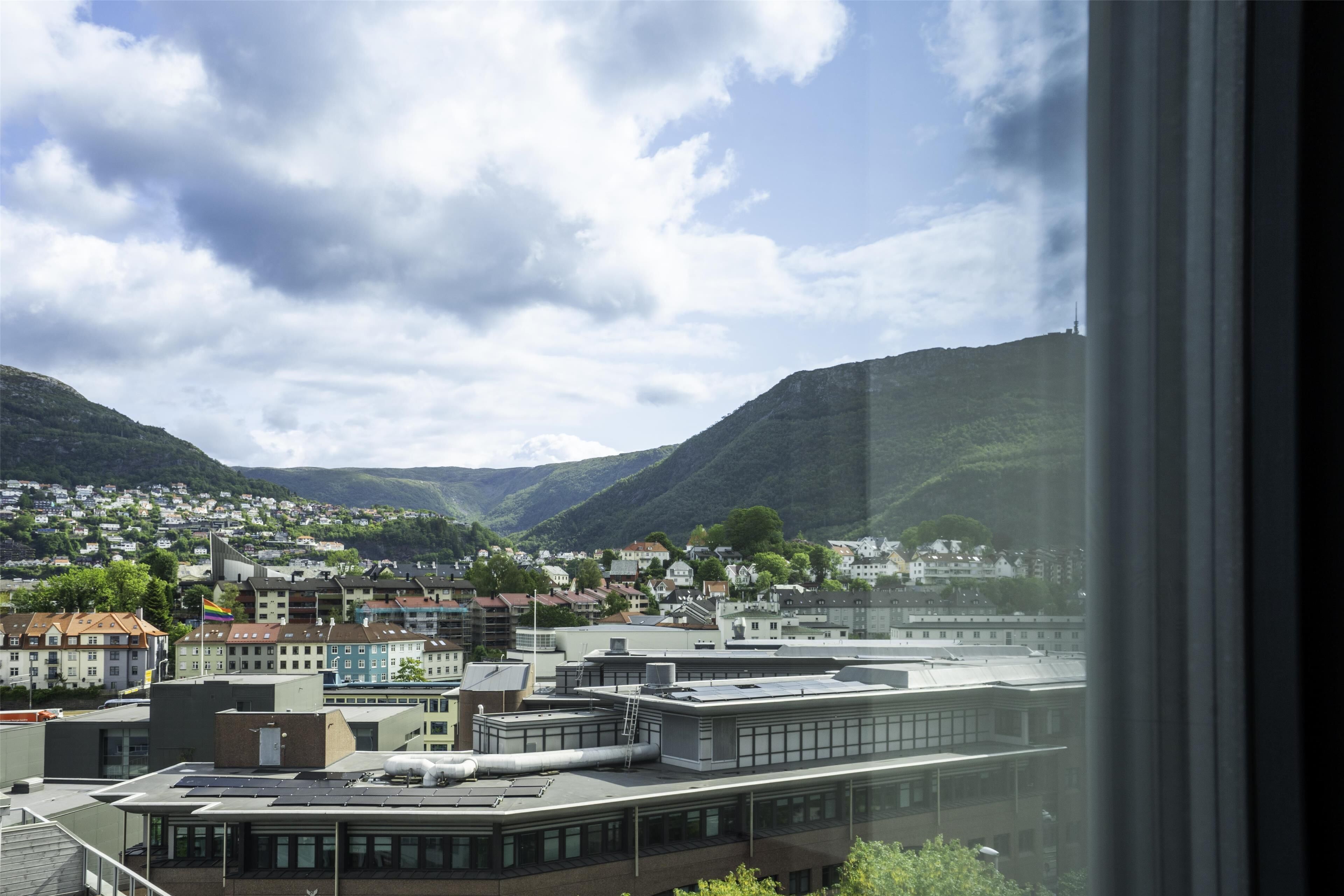 A view of a cityscape with buildings, a mountain, and a flag.