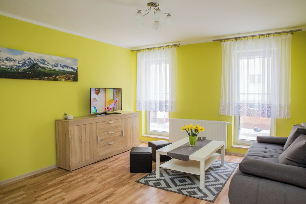 Ein Wohnzimmer mit einer Couch, einem Couchtisch mit Blumen, einem Fernseher auf einer Holzkommode und zwei Fenstern mit transparenten Vorhängen.
