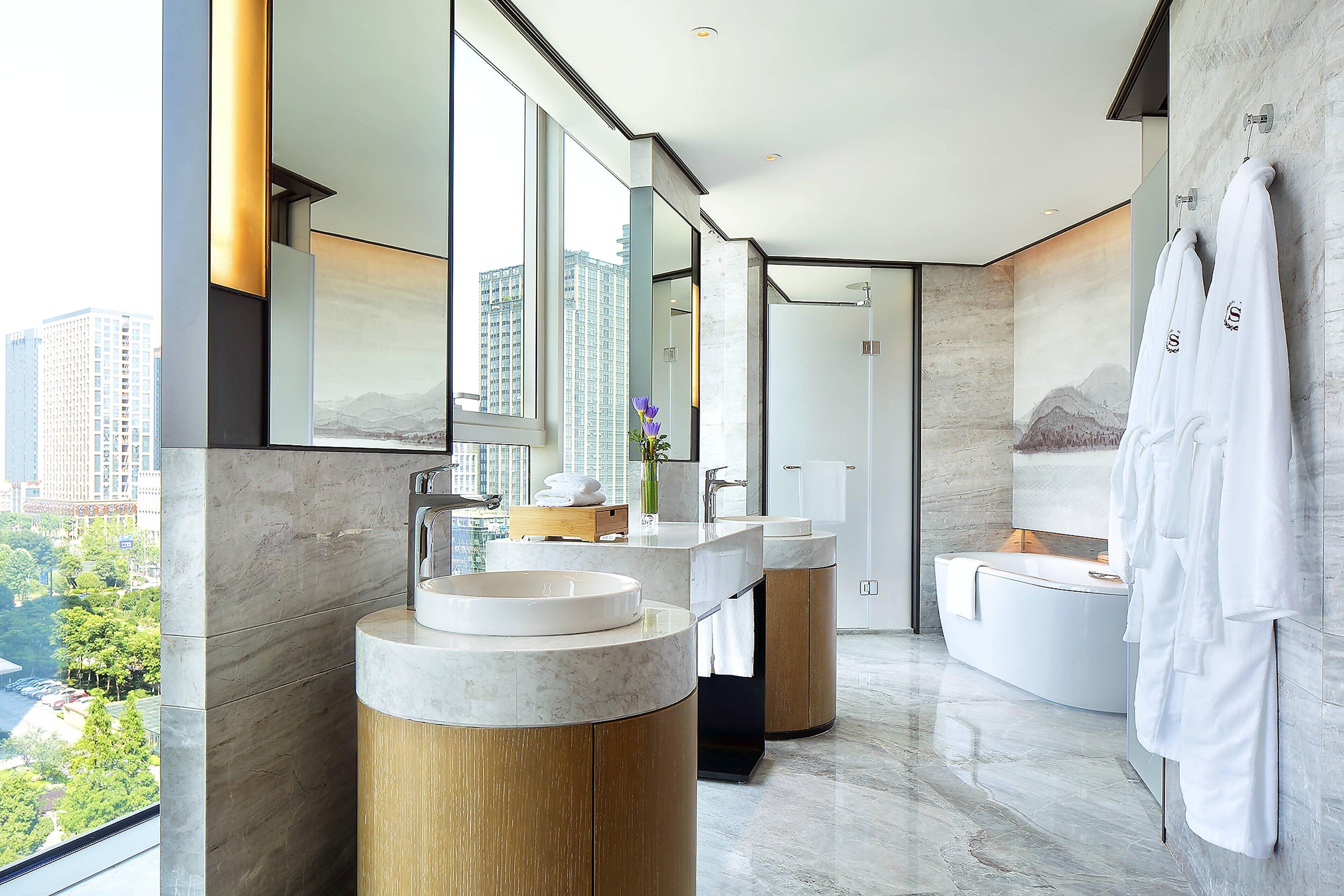 club suite, 1 king bed, river view, corner | bathroom | separate bathtub and shower, rainfall showerhead, hair dryer, bathrobes