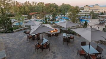 Indoor pool, seasonal outdoor pool, pool umbrellas, pool loungers