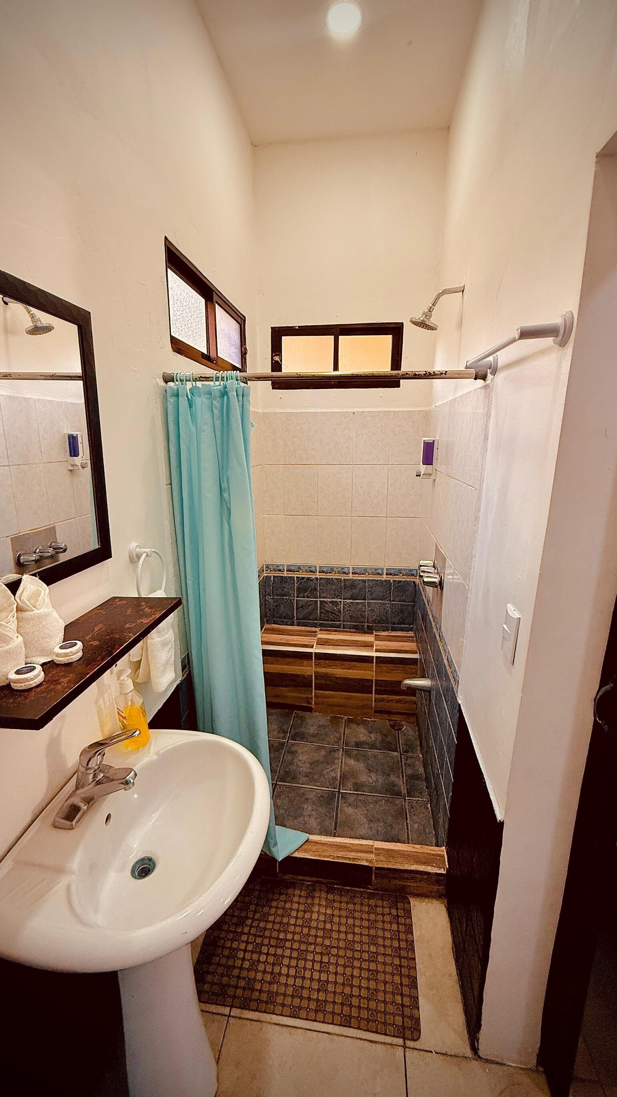 Une salle de bain avec un lavabo, un miroir, une douche et des murs carrelés.
