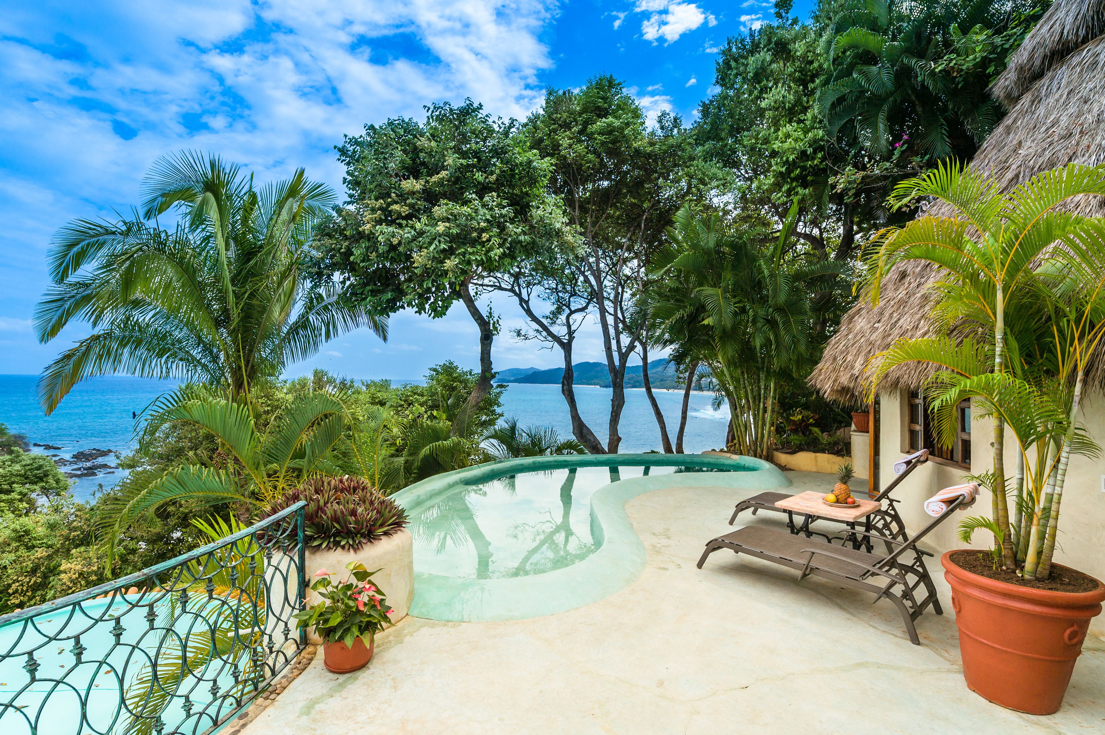 outdoor pool, pool umbrellas, pool loungers