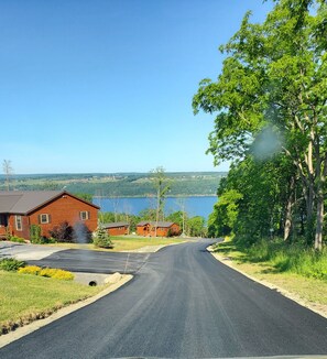 Un camino rural con una cabaña de madera y un lago al fondo.