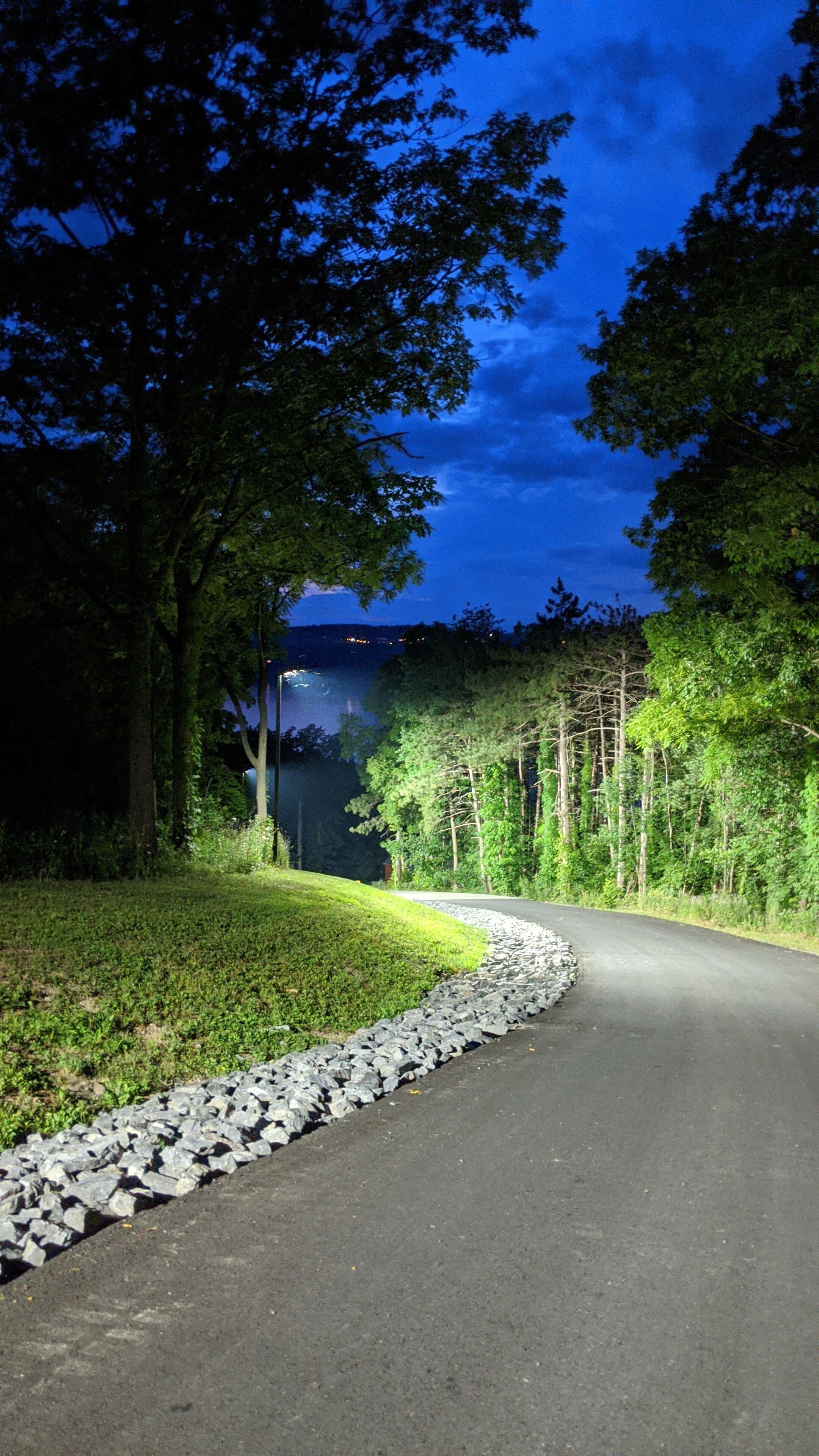 A paved road curving through a wooded area with a lake in the background.