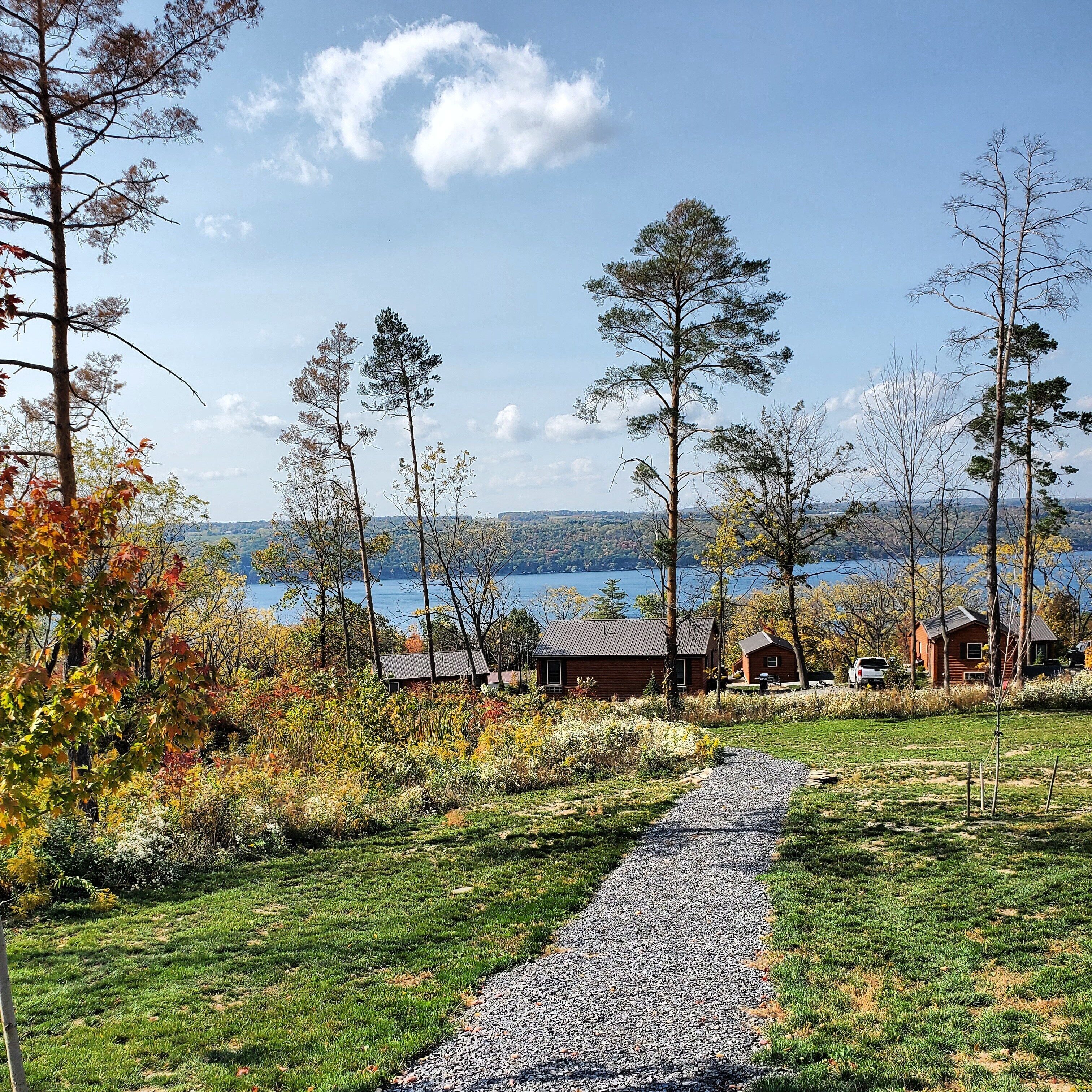 A gravel path leading to a cabin area with a lake view.