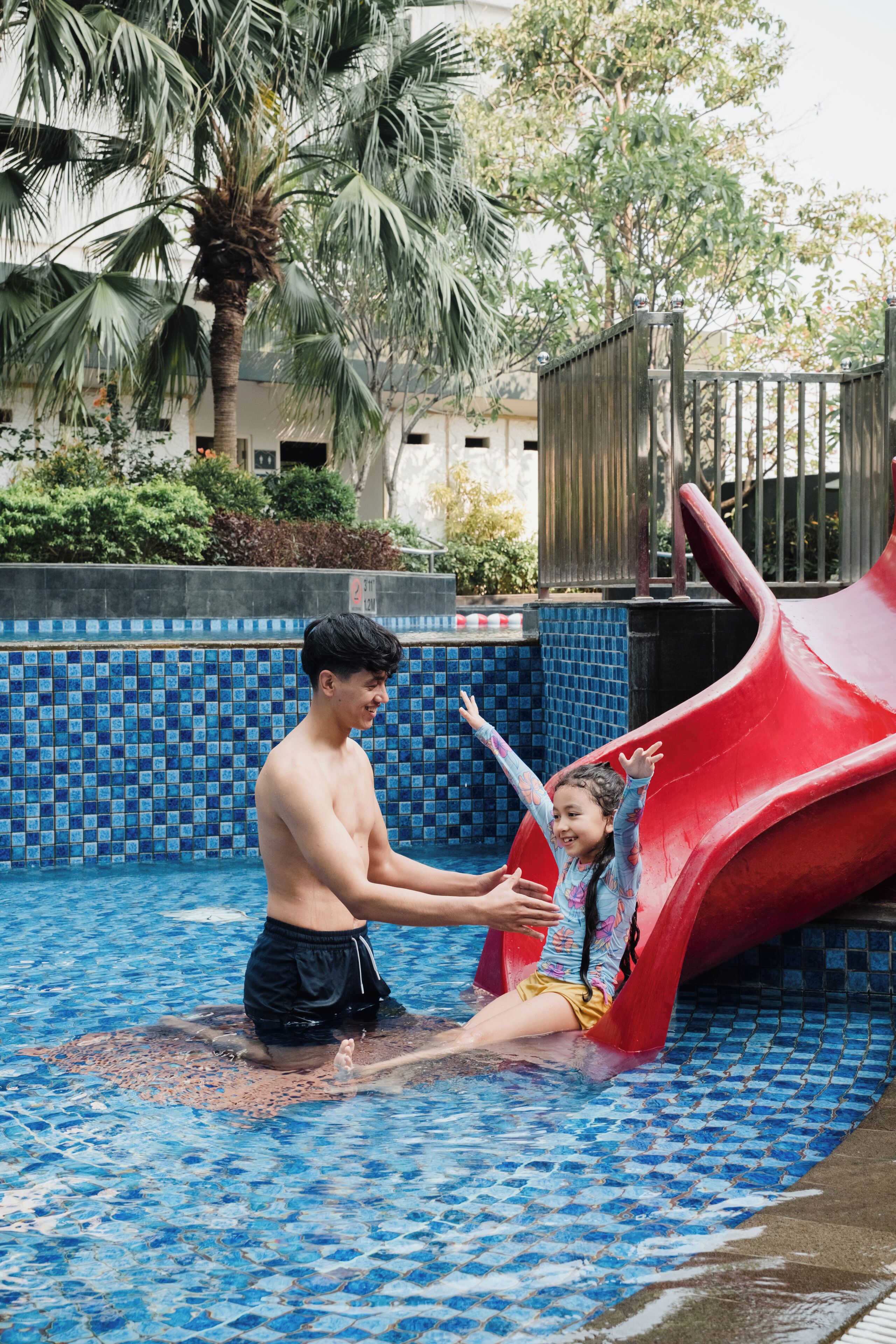 Outdoor pool, pool umbrellas, pool loungers