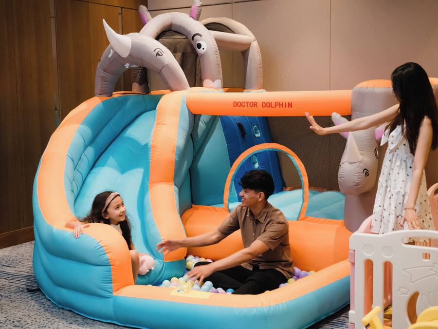 An inflatable play area with a slide and a ball pit, labeled "DOCTOR DOLPHIN."