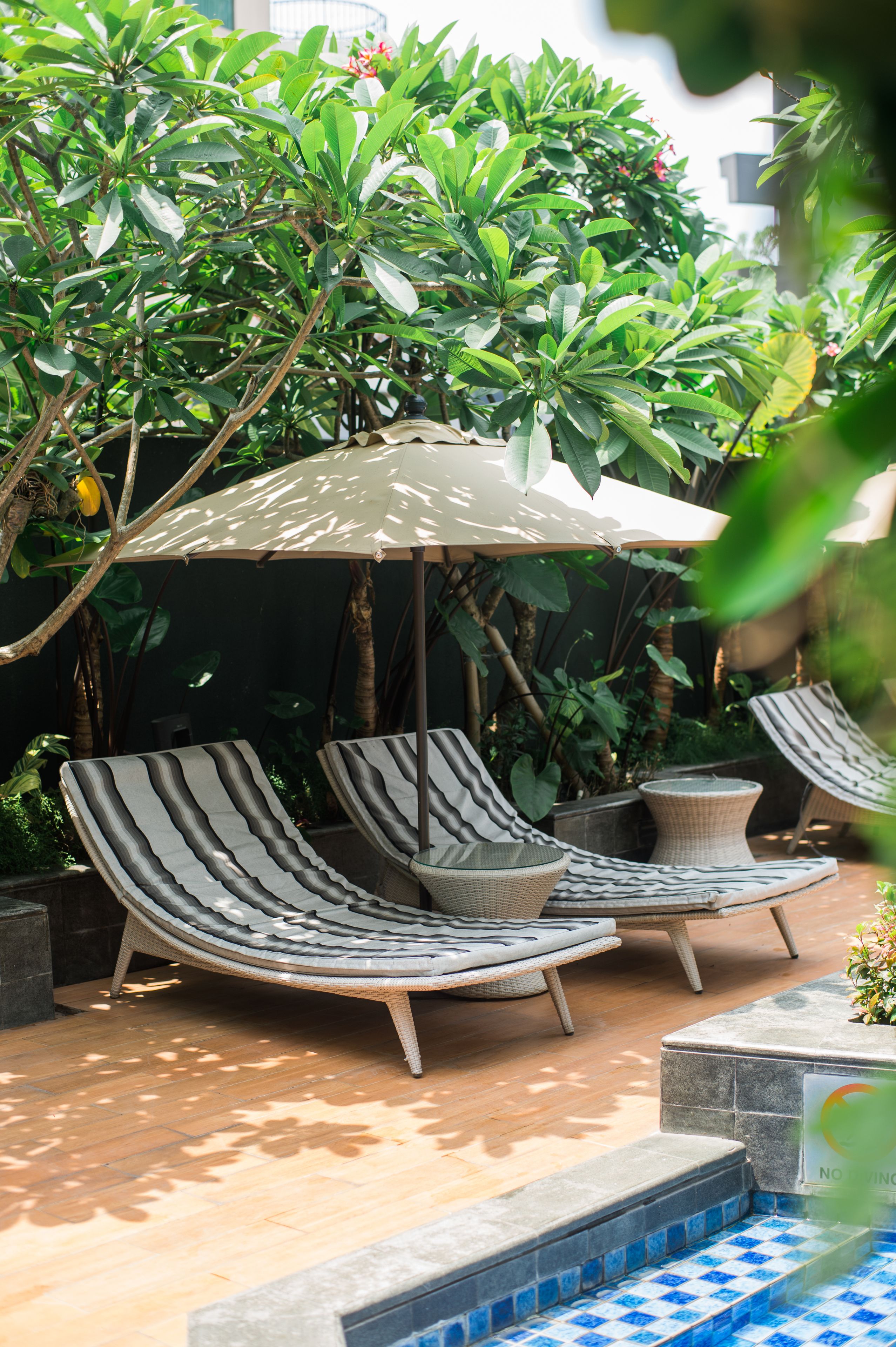 Outdoor pool, pool umbrellas, pool loungers