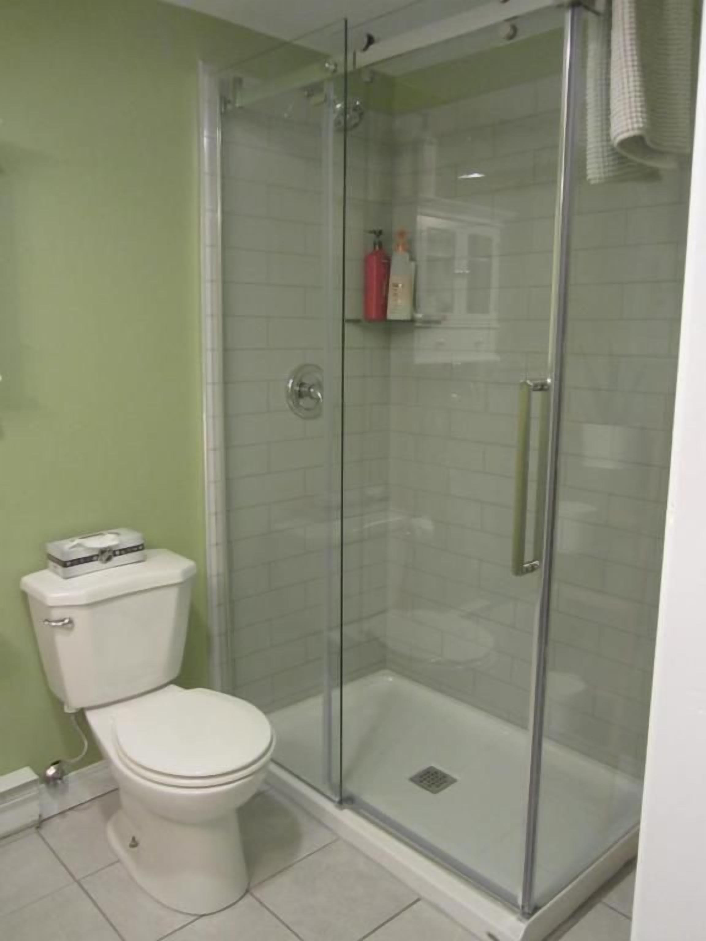 Une salle de bain avec une douche à parois de verre, des toilettes blanches et un mur vert.