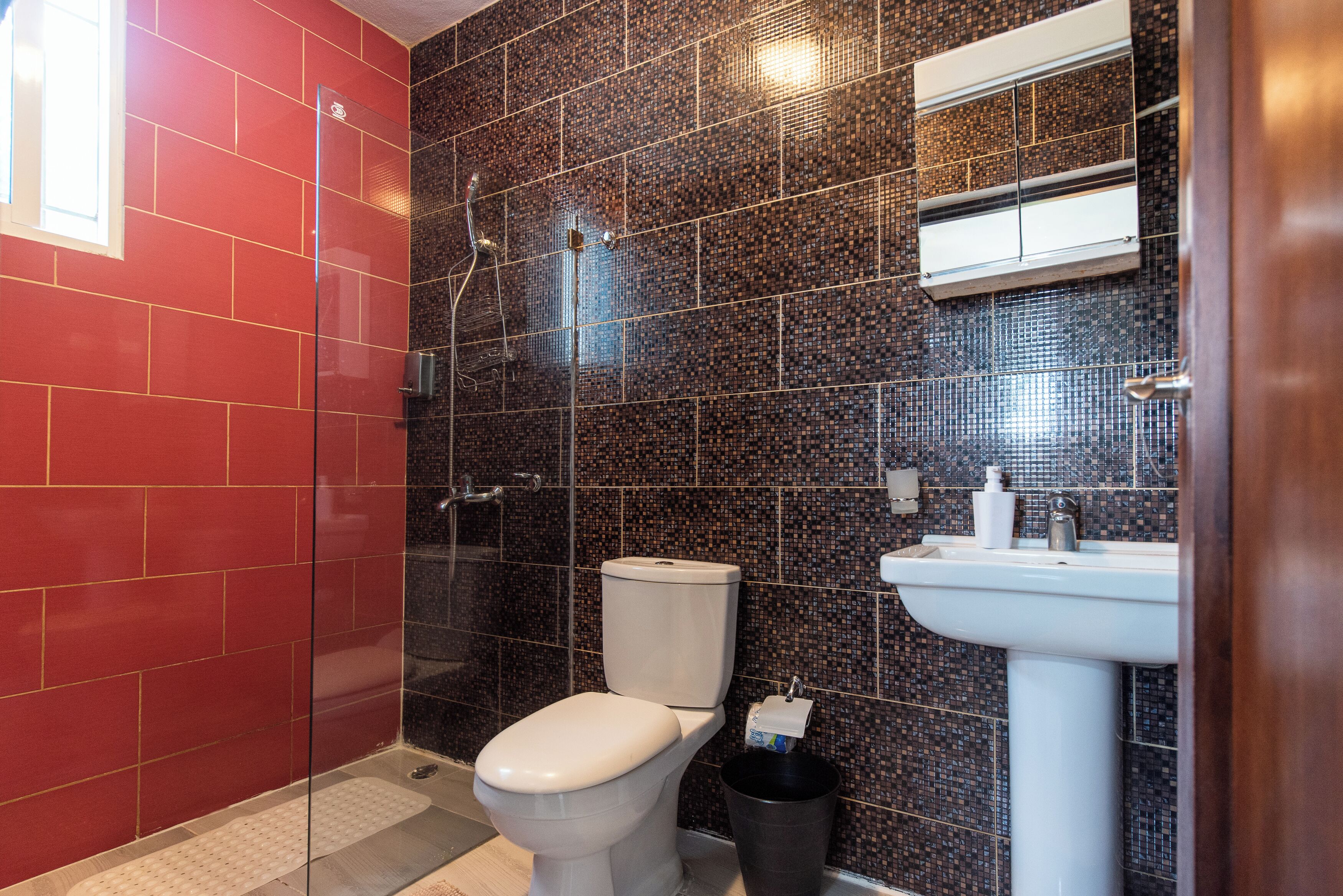 bidet, towels, soap, toilet paper