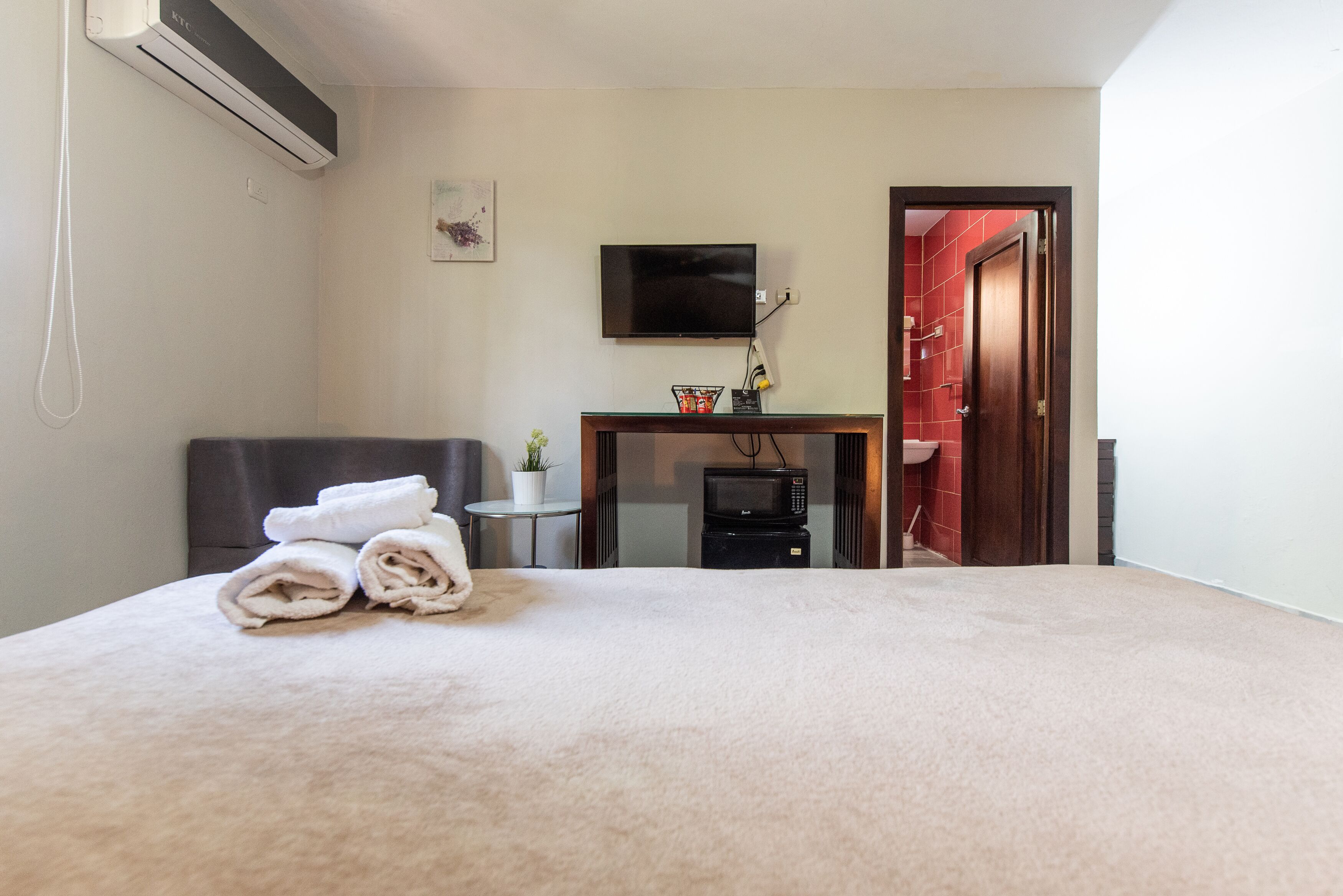 Una habitación de hotel con una cama, un televisor, un microondas y una pequeña mesa con una planta.