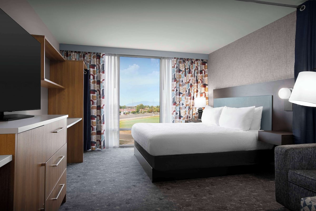 A hotel room with a bed, a desk, a chair, a TV, and a view of the outdoors.