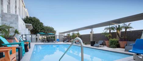 Outdoor pool, pool umbrellas, pool loungers