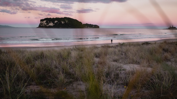 Une plage où l’on voit une personne se promener, des dunes herbeuses et une île au loin.