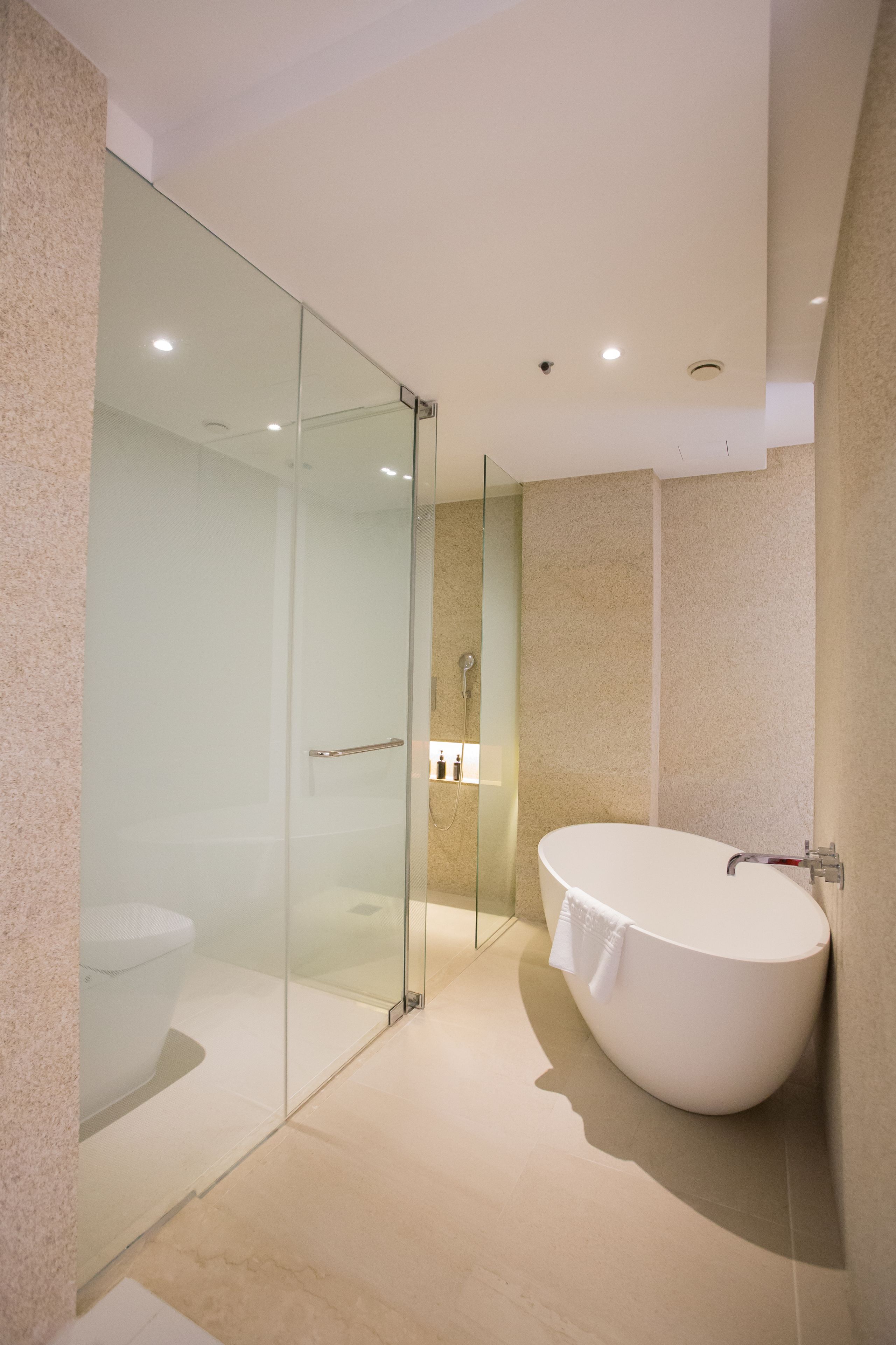 A modern bathroom with a glass-enclosed shower, a freestanding bathtub, and a toilet.