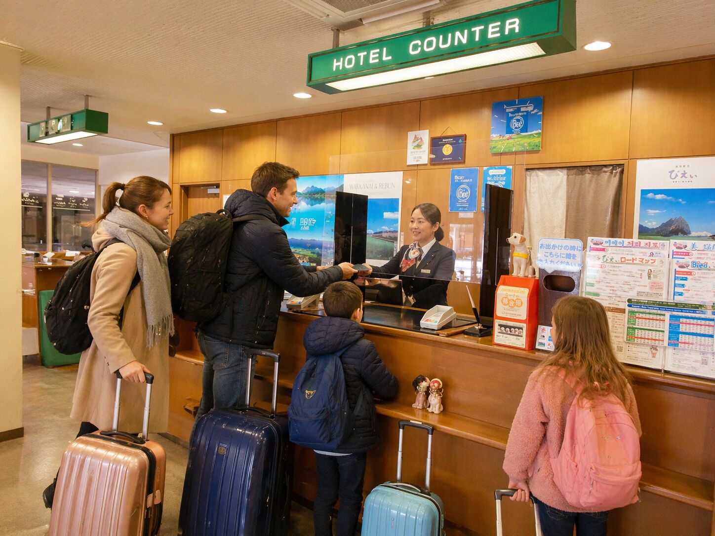 Mostrador de hotel con una mesa de recepción, un letrero que indica que es el mostrador del hotel y un tablón de anuncios con información.