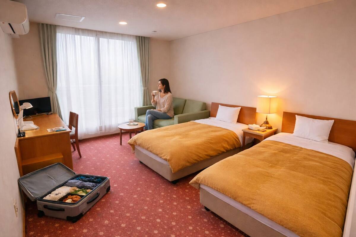 A hotel room with two beds, a desk with a computer, a chair, a small table, and a suitcase with food.