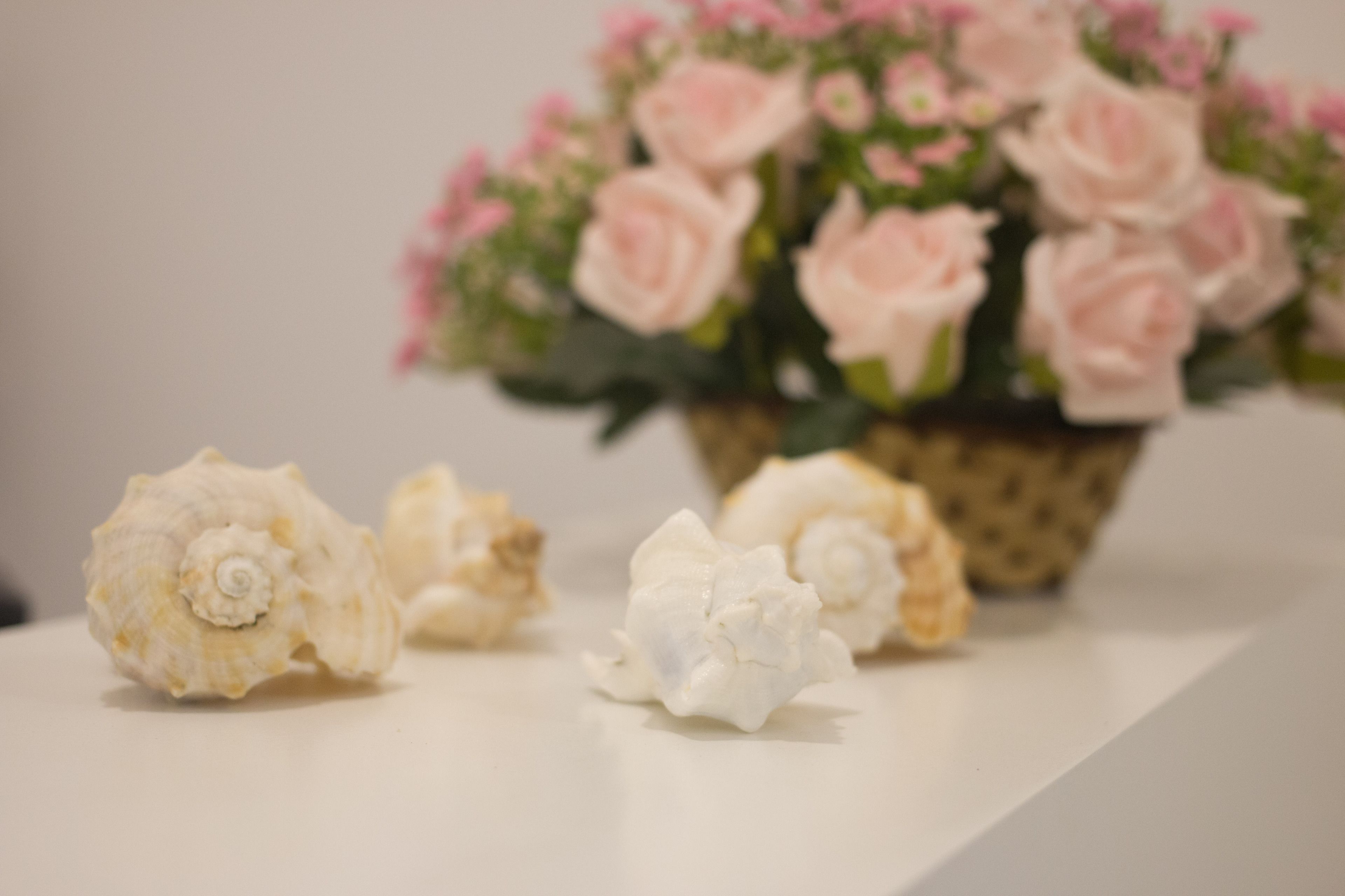 Un tavolo bianco con un cesto di rose rosa e tre conchiglie.