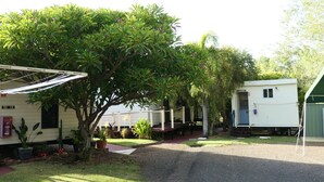 Zona residencial con una casa, un cobertizo pequeño y un árbol al frente.