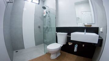 Shower, free toiletries, hair dryer, towels