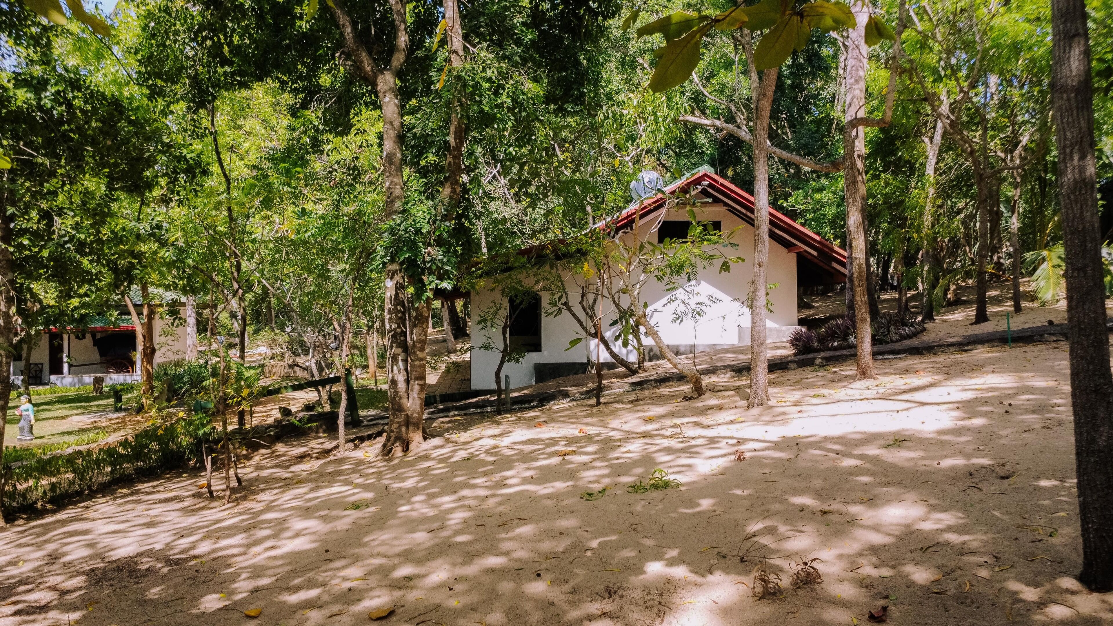 A small, white building with a red roof, surrounded by trees and a sandy ground.