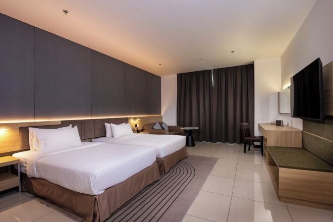 In-room safe, desk, laptop workspace, blackout curtains