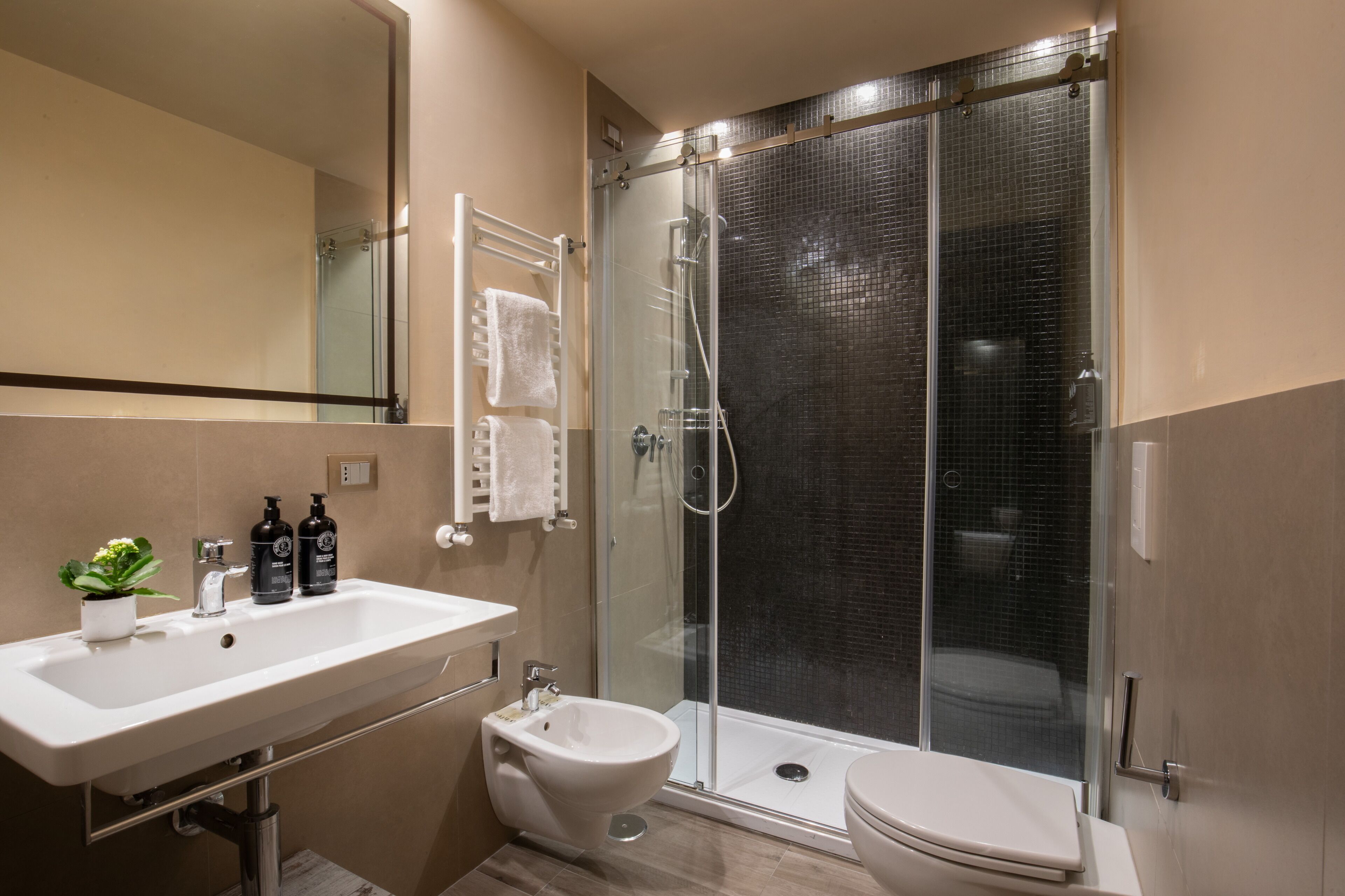 A modern bathroom with a glass-enclosed shower, a bidet, a sink with a mirror, and a toilet.